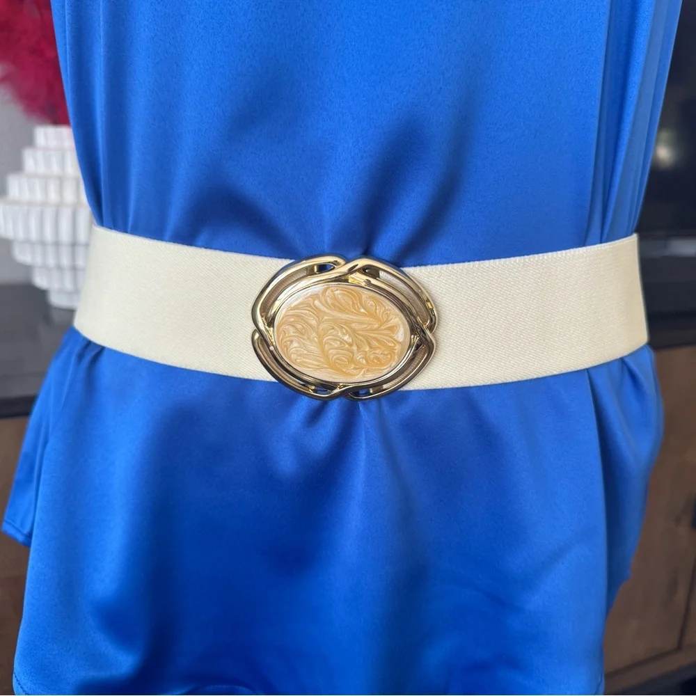 Vintage Cream Stretch Belt with Gold Enamel Buckle